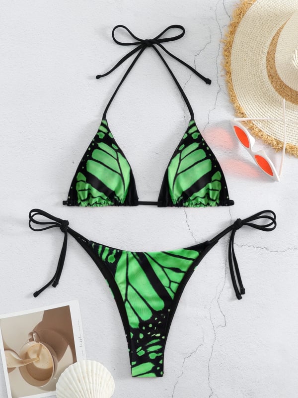 Set de bikini din două piese cu bretele subțiri, design sexy fără spate, material poliester 82%, cu bureți la bust, potrivit pentru înot.