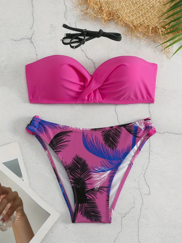 Дамски двучастни бански костюм, секси дизайн с открит гръб, висока еластичност, полиестерна материя с подплата от 18% спандекс, подплътен бюст, за плуване.