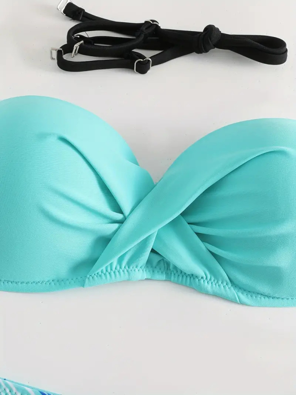 Дамски двучастни бански костюм, секси дизайн с открит гръб, висока еластичност, полиестерна материя с подплата от 18% спандекс, подплътен бюст, за плуване.