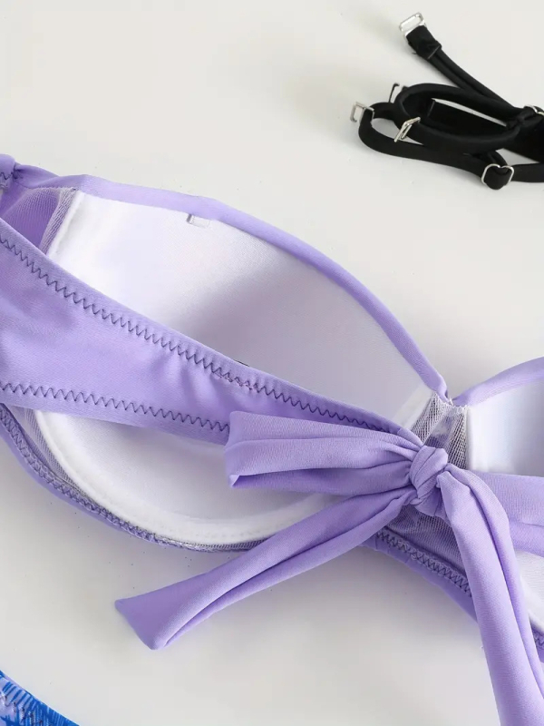 Дамски двучастни бански костюм, секси дизайн с открит гръб, висока еластичност, полиестерна материя с подплата от 18% спандекс, подплътен бюст, за плуване.