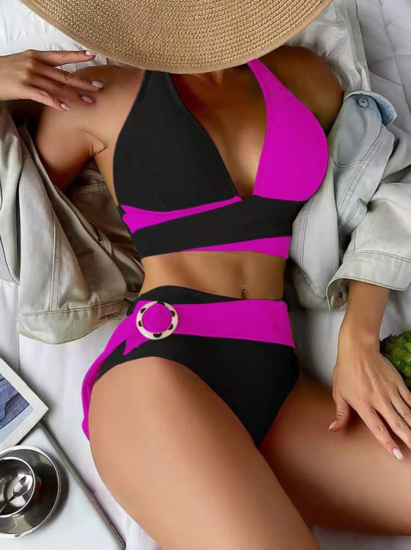 Costum de baie bikini pentru femei, triunghi cu burete, bretele, decupat în spate, croială strânsă, material poliester