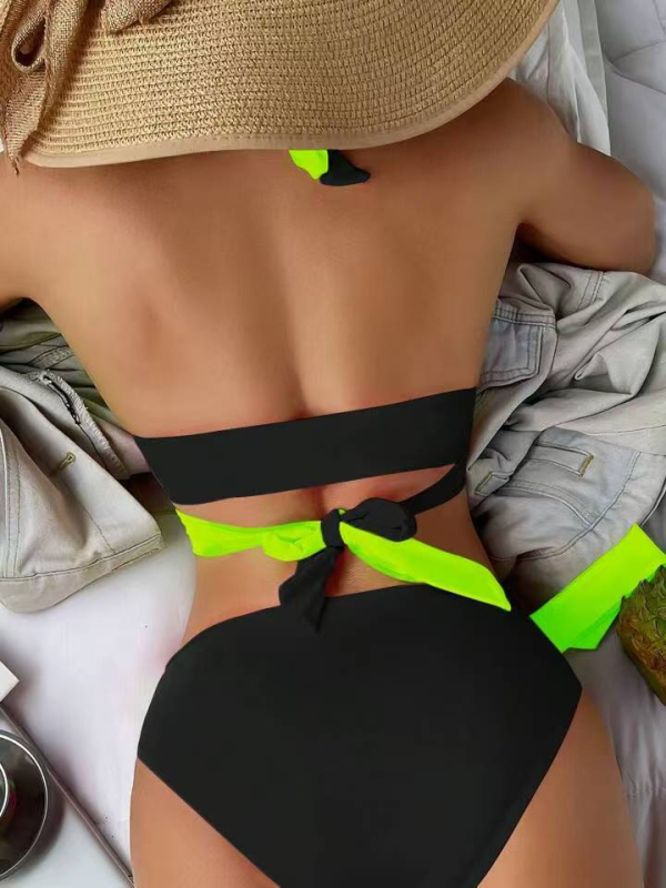 Costum de baie bikini pentru femei, triunghi cu burete, bretele, decupat în spate, croială strânsă, material poliester