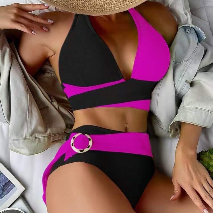 Costum de baie bikini pentru femei, triunghi cu burete, bretele, decupat în spate, croială strânsă, material poliester