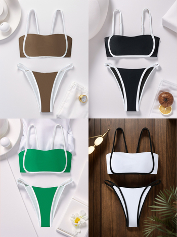 Két részes női bikinifürdőruha párnázott felsővel, egyszínű nejlon anyagból, 82% nejlon, tömege 250 g, alkalmas úszásra és sekély vízben való sétára.