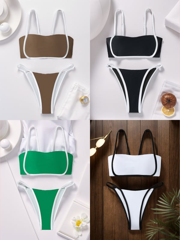 Két részes női bikinifürdőruha párnázott felsővel, egyszínű nejlon anyagból, 82% nejlon, tömege 250 g, alkalmas úszásra és sekély vízben való sétára.