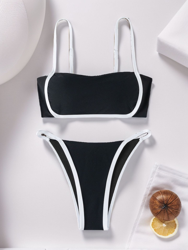 Két részes női bikinifürdőruha párnázott felsővel, egyszínű nejlon anyagból, 82% nejlon, tömege 250 g, alkalmas úszásra és sekély vízben való sétára.