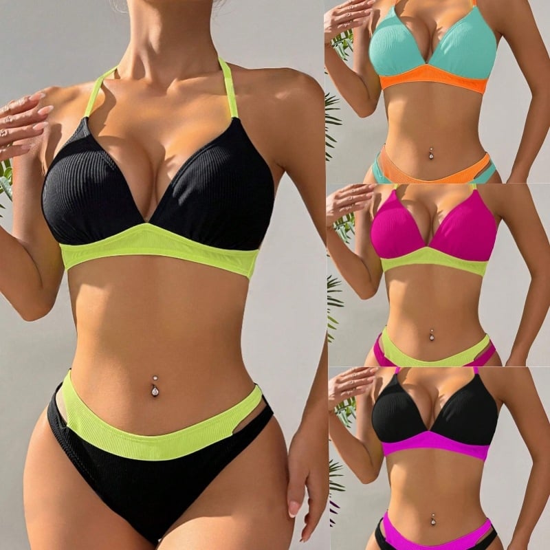 Costum de baie pentru femei, două piese, cu bureți în cupă, spate decupat, model în dungi, țesătură din poliester, căptuială din poliester