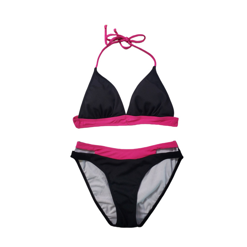 Costum de baie pentru femei, două piese, cu bureți în cupă, spate decupat, model în dungi, țesătură din poliester, căptuială din poliester
