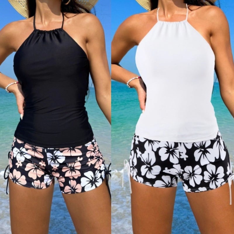 Двучастен женски бански, без ръкави, стил бриф; външна материя 82% полиестер, 18% еластан; подплата 95% полиестер, 5% еластан; подходящ за плуване и ходене във водата