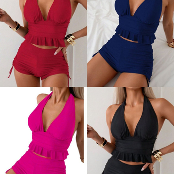 Costum de baie bikini cu șnur în față, talie înaltă, spate decupat, fără bretele