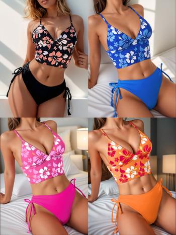 Női bikini virágos mintával és hátul kötős dizájnnal, poliészter anyag, párnázott kosarakkal, úszáshoz