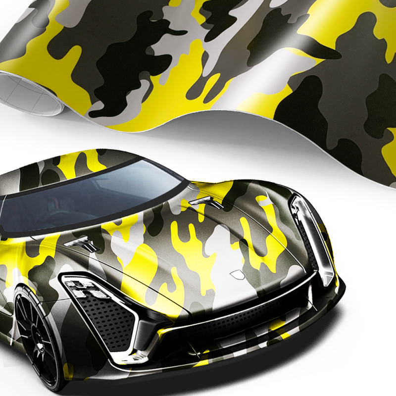 Auto pārklāšanai – kamuflāžas HD druka, PVC izolācijas plēve, biezums 0,01 mm, zema viskozitāte, līme bez zīmēm, krāsu maiņas filmas sērija