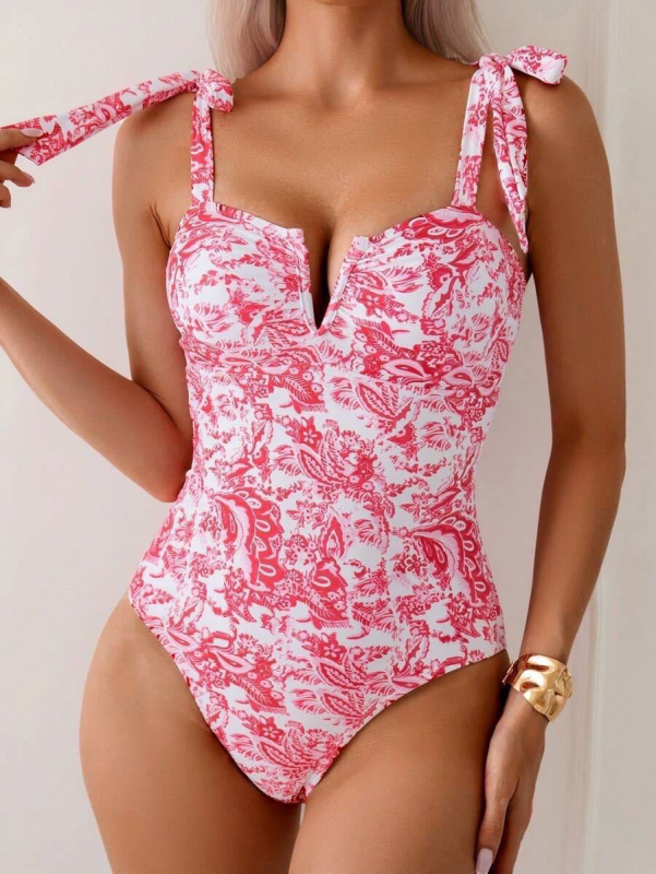Costum de baie întreg pentru femei adulte, imprimeu floral digital, decolteu în V, cu bureți pentru bust, poliester