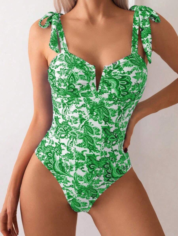 Costum de baie întreg pentru femei adulte, imprimeu floral digital, decolteu în V, cu bureți pentru bust, poliester