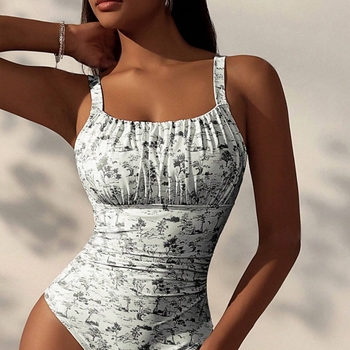 Γυναικείο ολόσωμο μαγιό με υψηλή μέση, εκτύπωση, χωρίς μανίκια, επένδυση στήθους, πολυεστέρας