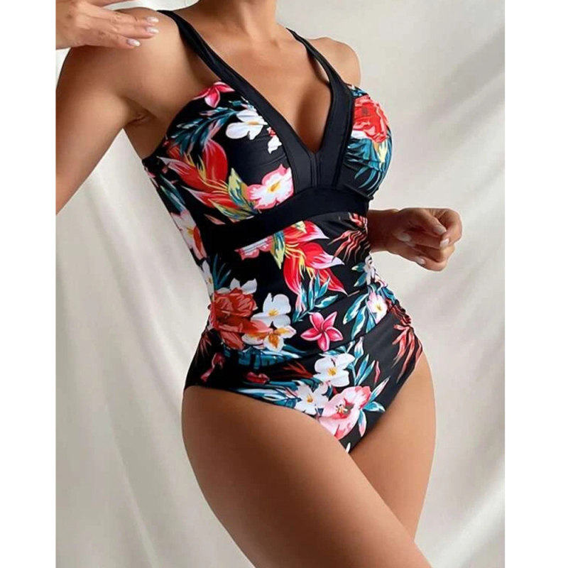 Costum de baie întreg, imprimat, din nailon, fără bureți la bust, cu suport din oțel, căptușeală din spandex 20%
