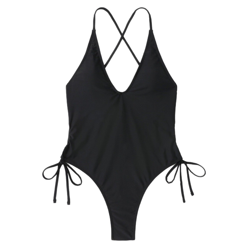Női egyrészes fürdőruha, fűzős mély V-nyakkal, hátsó rész nélküli, magas felvágás, nylon anyagból