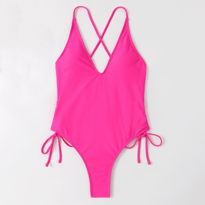 Női egyrészes fürdőruha, fűzős mély V-nyakkal, hátsó rész nélküli, magas felvágás, nylon anyagból