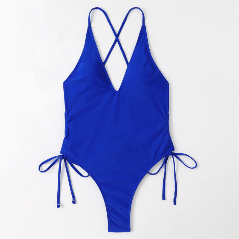 Női egyrészes fürdőruha, fűzős mély V-nyakkal, hátsó rész nélküli, magas felvágás, nylon anyagból