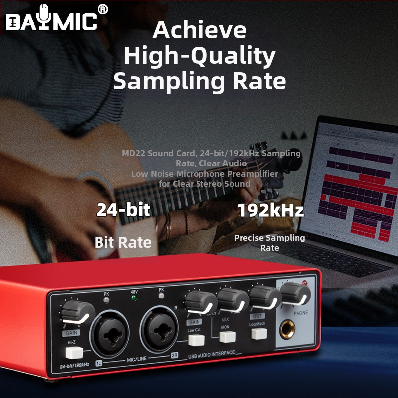 Външна професионална USB звукова карта – без драйвери, за жив запис и караоке, настройване на звука (Модел MD22; Захранване: 0; Лансирана: 2022)