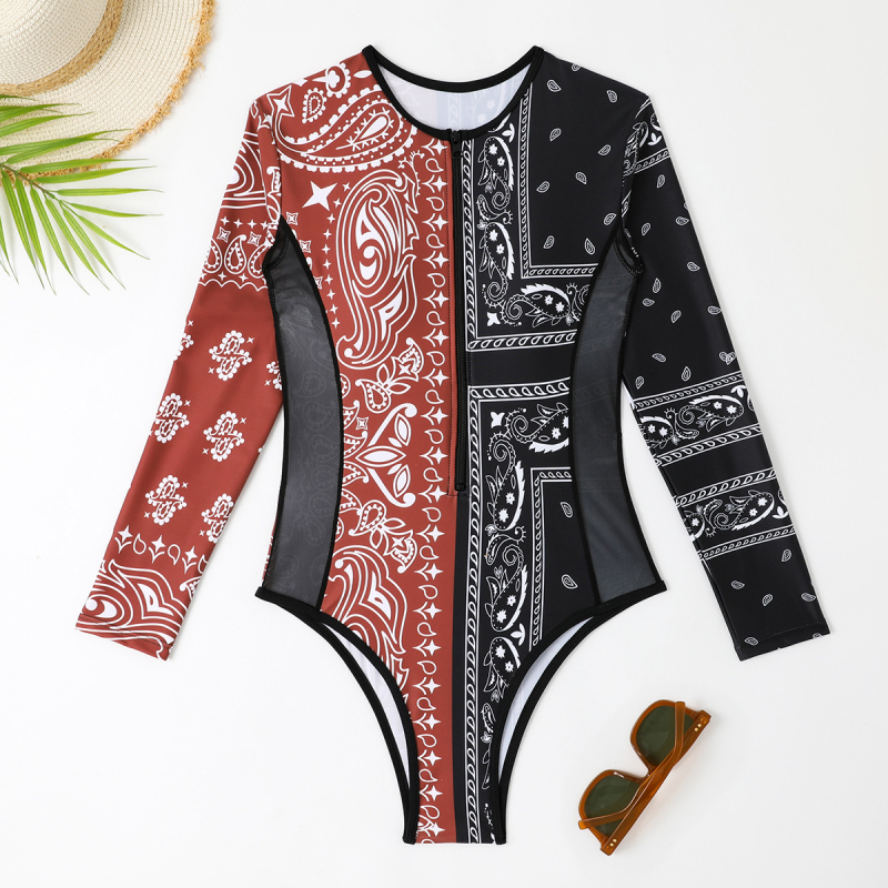 Costum de baie întreg cu mâneci lungi, imprimeu floral, cu cupe pentru bust, din poliester