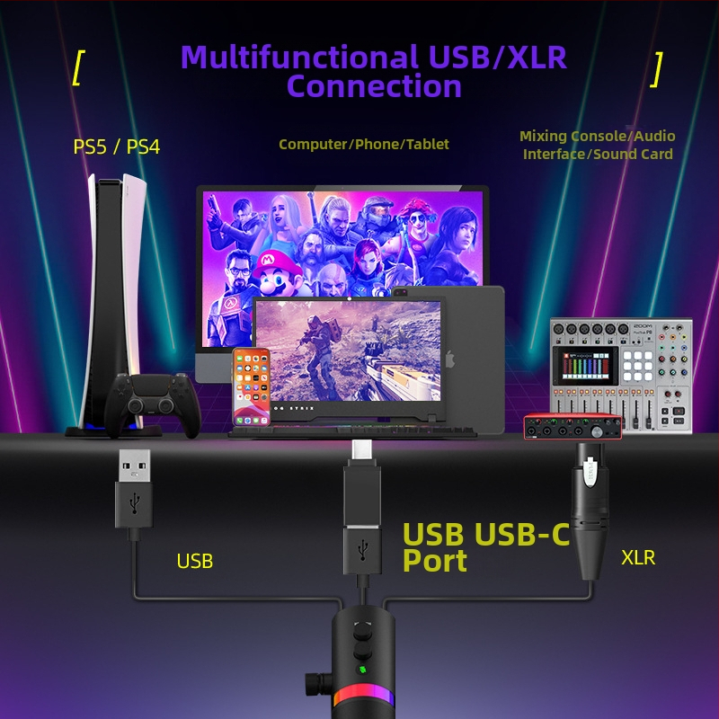 NV7 RGB гейминг USB/XLR динамичен микрофон за живи излъчвания, запис и караоке — кардиоиден, безжично съвместим, SNR ≥ 100 dB