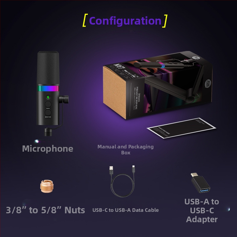 NV7 RGB гейминг USB/XLR динамичен микрофон за живи излъчвания, запис и караоке — кардиоиден, безжично съвместим, SNR ≥ 100 dB