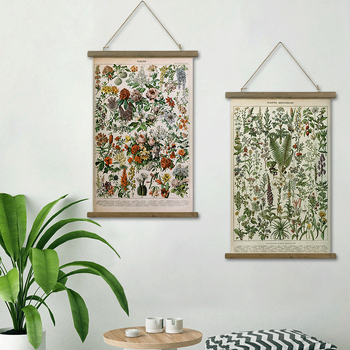 Декоративно стеново окачване – американски стил ретро растителна илюстрация, монтаж тип свитък, рамка от твърдо дърво, платно като основа, две панели, модерна декоративна картина за всекидневна/спалня/офис