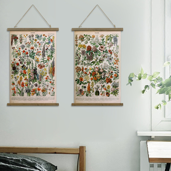 Декоративно стеново окачване – американски стил ретро растителна илюстрация, монтаж тип свитък, рамка от твърдо дърво, платно като основа, две панели, модерна декоративна картина за всекидневна/спалня/офис