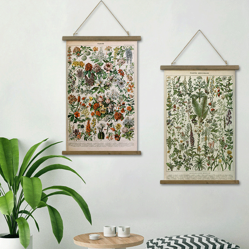 Декоративно стеново окачване – американски стил ретро растителна илюстрация, монтаж тип свитък, рамка от твърдо дърво, платно като основа, две панели, модерна декоративна картина за всекидневна/спалня/офис