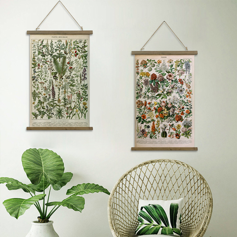 Декоративно стеново окачване – американски стил ретро растителна илюстрация, монтаж тип свитък, рамка от твърдо дърво, платно като основа, две панели, модерна декоративна картина за всекидневна/спалня/офис