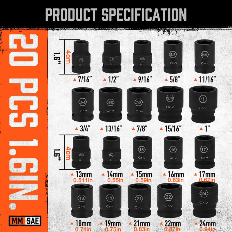 Комплект вложки за гаечни ключове, 24бр., хром-молибденова стомана, за ремонт на машини