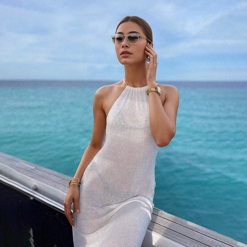 Γυναικείο πλεκτό φόρεμα παραλίας με διπλό υψηλό σχίσιμο και ανοιχτό πίσω μέρος, τιράντες spaghetti, πολυεστερικό ύφασμα, επένδυση πολυεστέρα (80% πολυεστέρας)