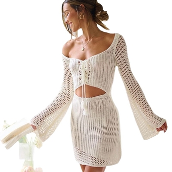 Δύο τεμάχια φόρεμα κάλυψης για παραλία - διάτρητο πλέξιμο, U-λαιμό, μανίκια 3/4, μήκος midi, ύφασμα σπάντεξ
