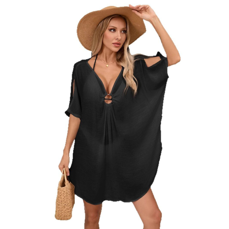 Φόρεμα κάλυψης παραλίας με μανίκια σε σχήμα νυχτερίδας και λαιμό V με δαχτυλίδι, μονόχρωμο, 100% πολυεστέρας