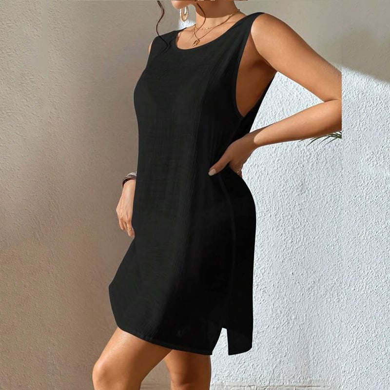 Jednodelni plažni kostim-haljina, bez rukava, U-izrez, srednji pojas, kratka nepravilna suknja, materijal spandex