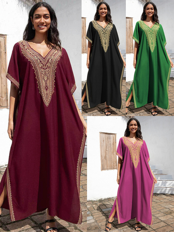 Μακρύ φόρεμα παραλίας με κέντημα από βαμβάκι, ύφασμα ρεγιόν, επένδυση από βαμβάκι, βάρος 280 g