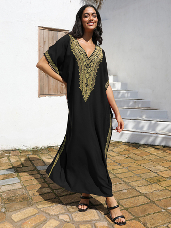 Μακρύ φόρεμα παραλίας με κέντημα από βαμβάκι, ύφασμα ρεγιόν, επένδυση από βαμβάκι, βάρος 280 g