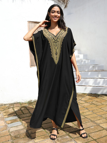 Μακρύ φόρεμα παραλίας με κέντημα από βαμβάκι, ύφασμα ρεγιόν, επένδυση από βαμβάκι, βάρος 280 g