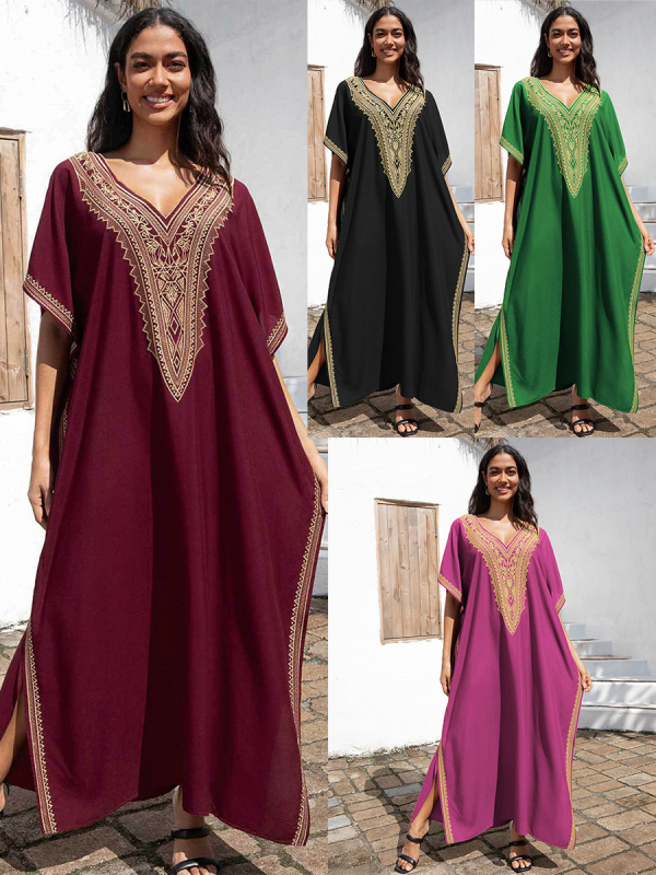 Μακρύ φόρεμα παραλίας με κέντημα από βαμβάκι, ύφασμα ρεγιόν, επένδυση από βαμβάκι, βάρος 280 g