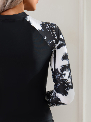 Γυναικείο μαγιό με μακρύ μανίκια και φερμουάρ, μοντέρνο εκτύπωμα, διαχωρισμένος σχεδιασμός, επένδυση στήθους, πολυεστέρας 82%