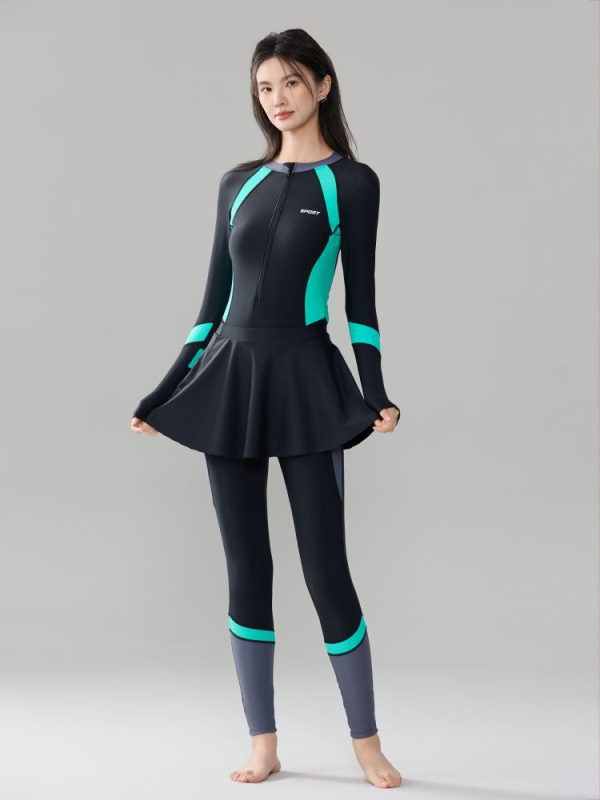 Costum de scufundări pentru femei cu mâneci lungi și picioare lungi, croială conservatoare, nylon respirabil, protecție UV, potrivit pentru scufundări și înot, marca FQ