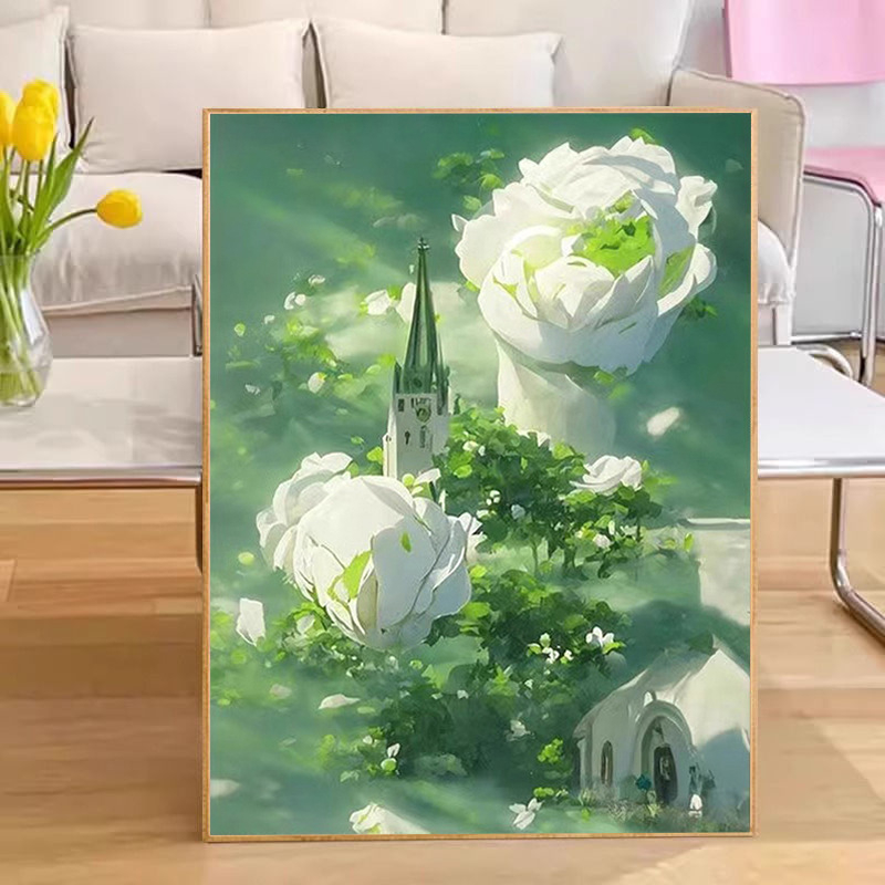 Цифрова маслена картина - DIY розова роза, ръчно оцветяване, персонализирана, рамка от масивно дърво, модерен минималистичен стил, подходяща за всекидневна, ресторант и антре