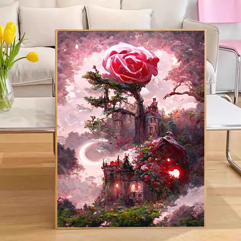 Цифрова маслена картина - DIY розова роза, ръчно оцветяване, персонализирана, рамка от масивно дърво, модерен минималистичен стил, подходяща за всекидневна, ресторант и антре