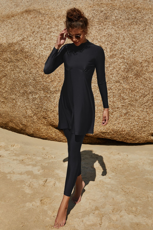 Costum de baie din două piese cu mâneci lungi, talie înaltă, pliuri și țesătură poliester-spandex cu uscare rapidă