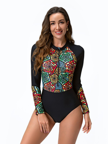 Γυναικείο ολόσωμο μαγιό με σχέδιο εκτύπωσης σε πάνελ, μακριά μανίκια, μπροστινό φερμουάρ, επένδυση στήθους, νάιλον 82% με επένδυση πολυεστέρα 95%