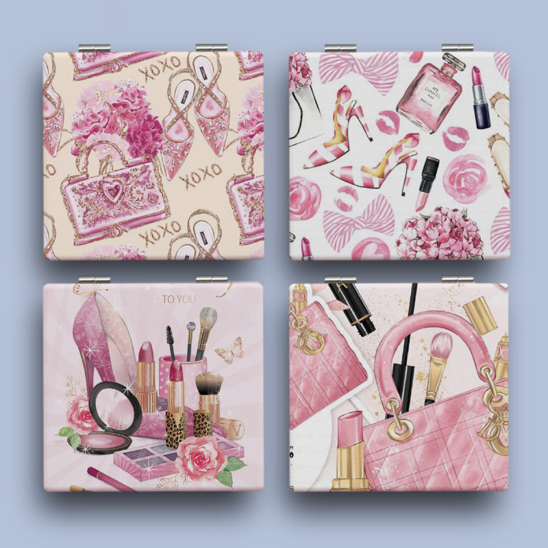 Xinruyu oglindă de machiaj pliabilă - portabilă, dublu fațet, model decorativ, cadru PU/PS/PVC, oglindă argintie