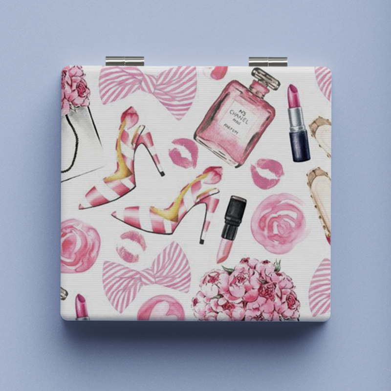 Xinruyu oglindă de machiaj pliabilă - portabilă, dublu fațet, model decorativ, cadru PU/PS/PVC, oglindă argintie