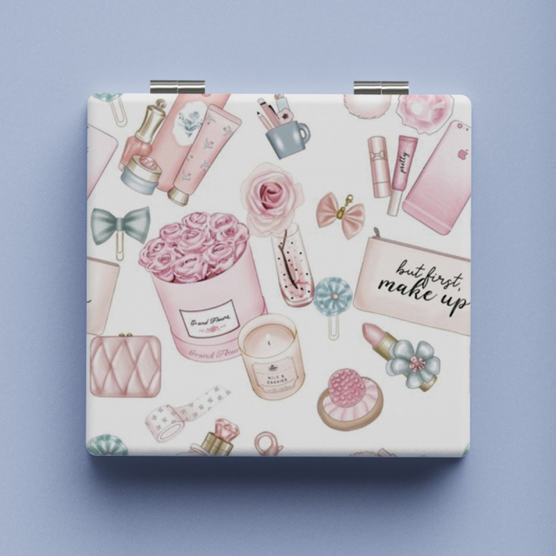 Xinruyu oglindă de machiaj pliabilă - portabilă, dublu fațet, model decorativ, cadru PU/PS/PVC, oglindă argintie