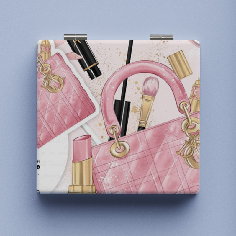 Xinruyu oglindă de machiaj pliabilă - portabilă, dublu fațet, model decorativ, cadru PU/PS/PVC, oglindă argintie